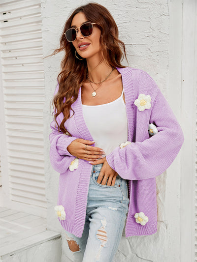 New long-sleeved floral cardigan lantern sleeves knitted sweater jacket