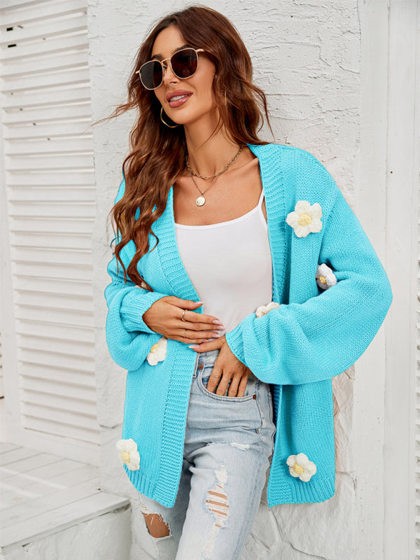 New long-sleeved floral cardigan lantern sleeves knitted sweater jacket