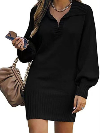 Women's sweater mid-length skirt lapel lantern sleeve