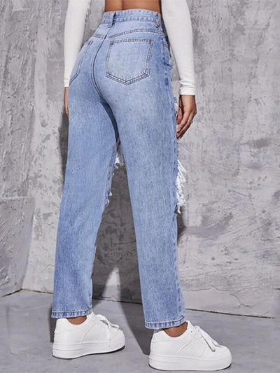 Women's washed ripped high waist straight Jeans