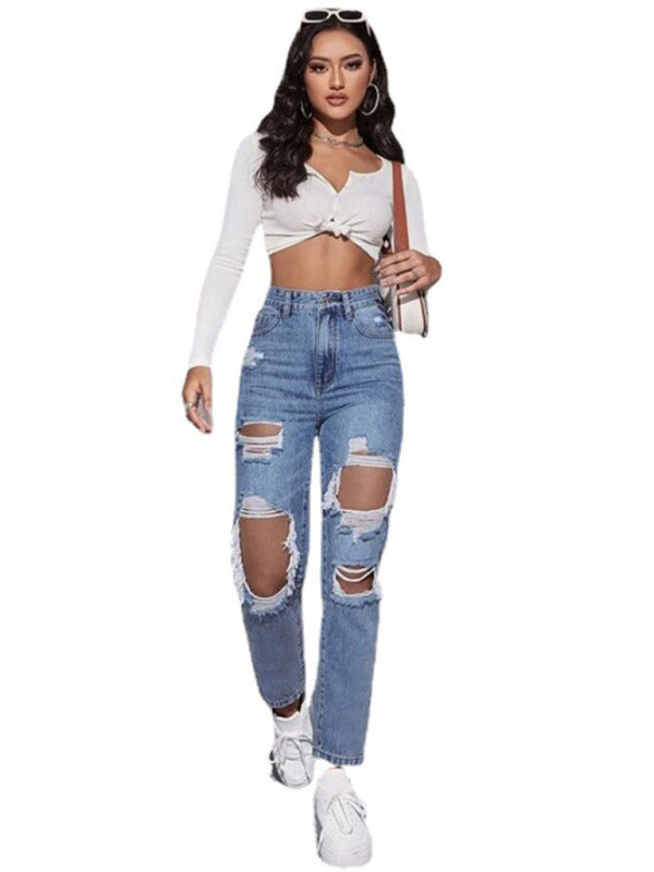 Women's washed ripped high waist straight Jeans