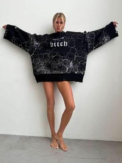 Women's loose letter embroidered holed sweater