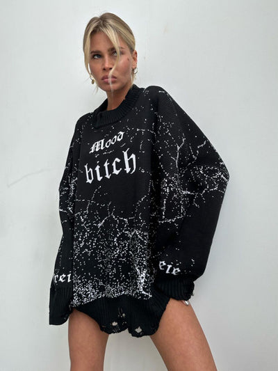 Women's loose letter embroidered holed sweater