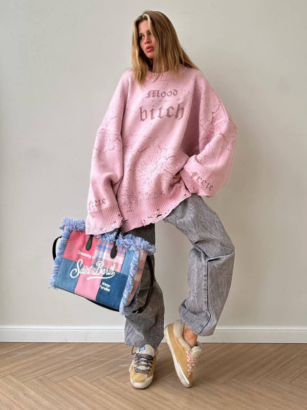 Women's loose letter embroidered holed sweater