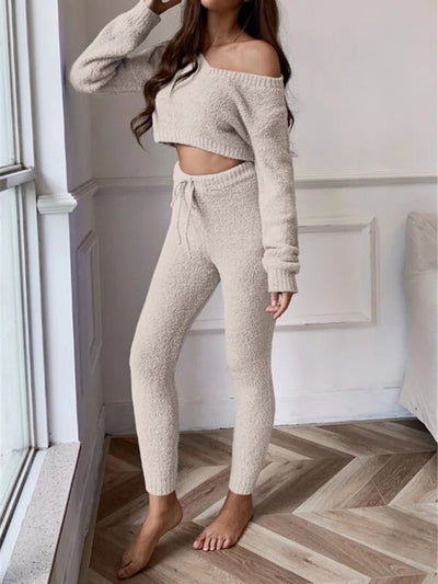 Women's V-neck short knitted sweater drawstring lace-up set