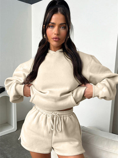 Women's loose solid color sweatshirt shorts set