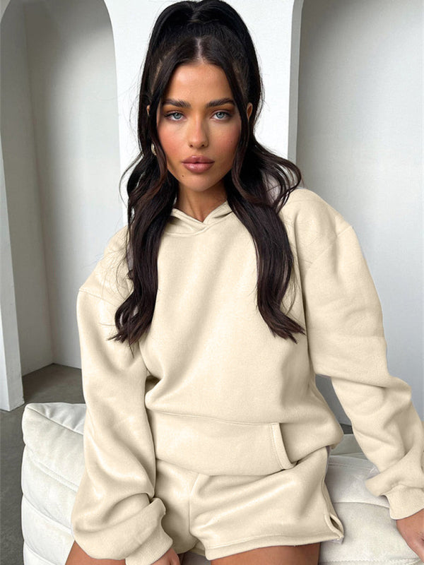 Women's loose solid color sweatshirt shorts set