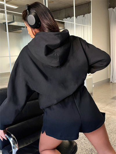 Women's loose solid color sweatshirt shorts set