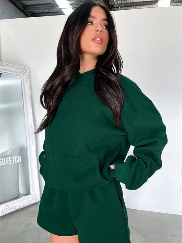 Women's loose solid color sweatshirt shorts set