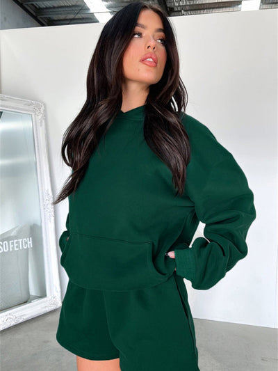 Women's loose solid color sweatshirt shorts set