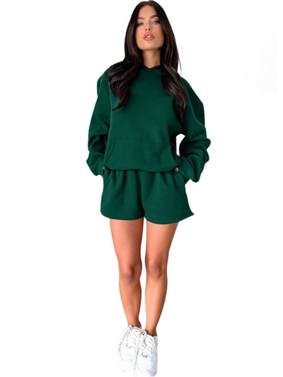 Women's loose solid color sweatshirt shorts set
