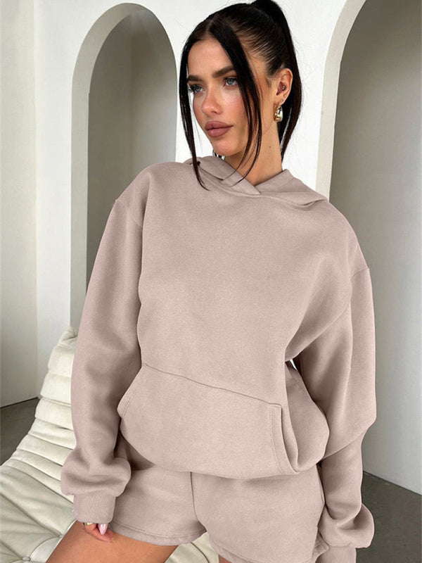 Women's loose solid color sweatshirt shorts set