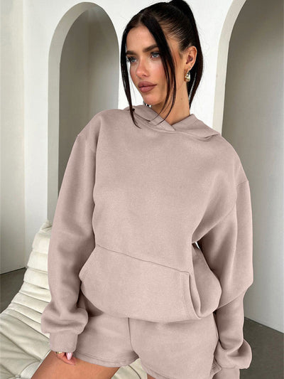 Women's loose solid color sweatshirt shorts set