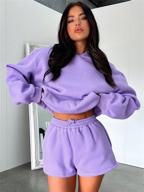 Women's loose solid color sweatshirt shorts set