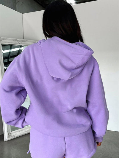 Women's loose solid color sweatshirt shorts set