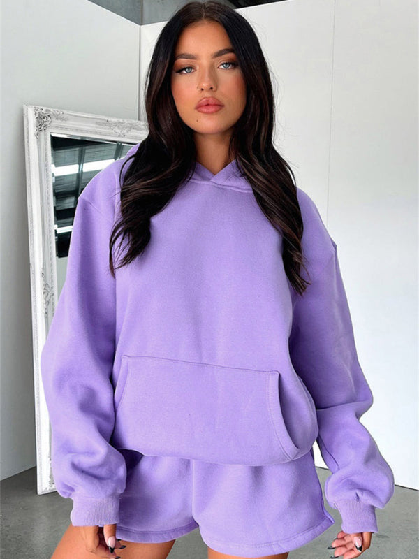 Women's loose solid color sweatshirt shorts set