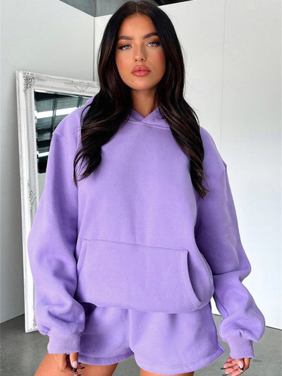 Women's loose solid color sweatshirt shorts set