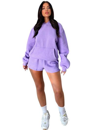 Women's loose solid color sweatshirt shorts set