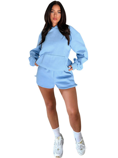 Women's loose solid color sweatshirt shorts set