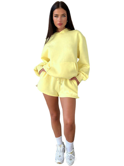 Women's loose solid color sweatshirt shorts set