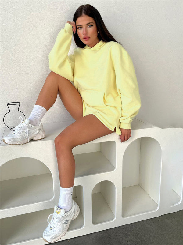 Women's loose solid color sweatshirt shorts set