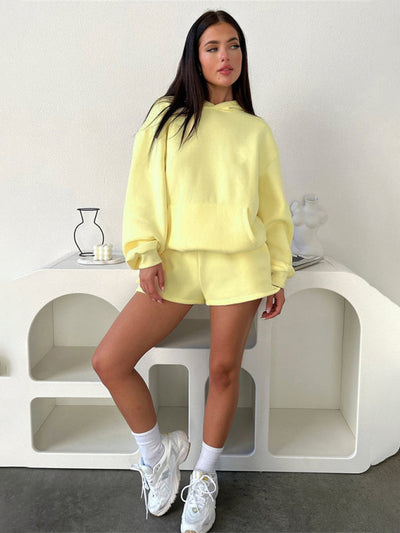 Women's loose solid color sweatshirt shorts set