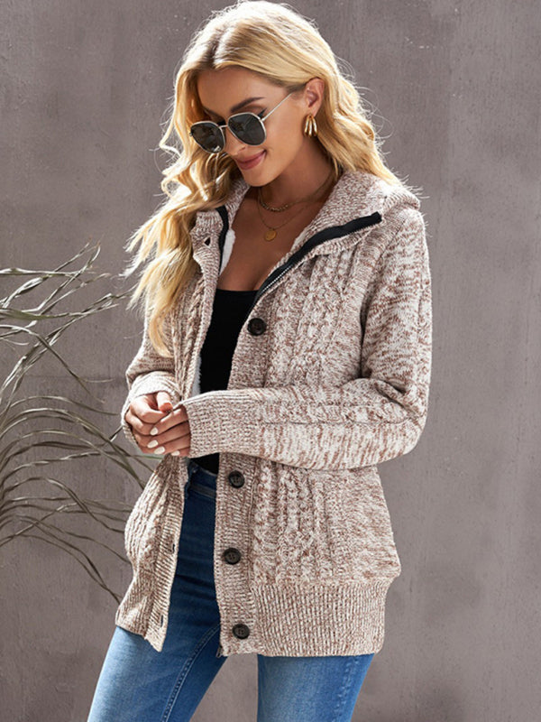 Women's knitted hooded long-sleeved cardigan