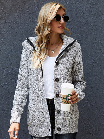 Women's knitted hooded long-sleeved cardigan