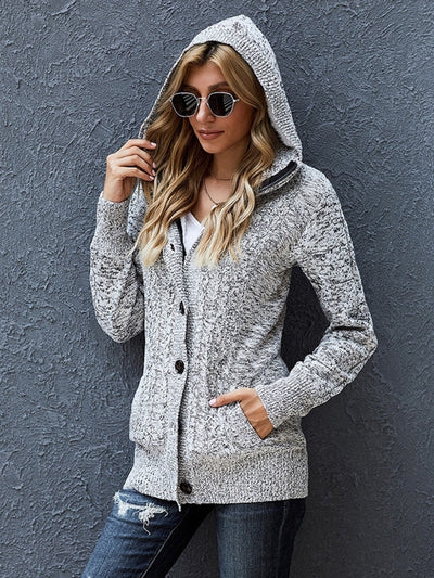 Women's knitted hooded long-sleeved cardigan