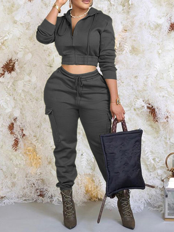 Women's solid color cardigan hooded lace-up two-piece set