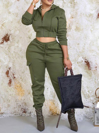 Women's solid color cardigan hooded lace-up two-piece set