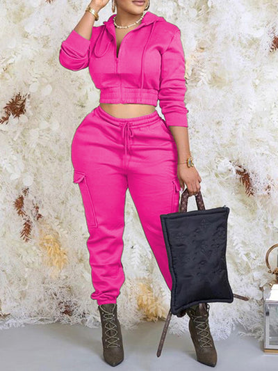 Women's solid color cardigan hooded lace-up two-piece set