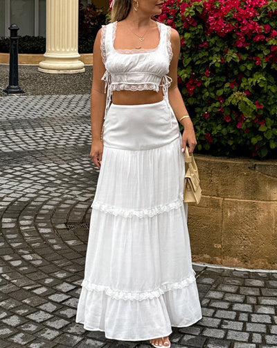 Women's solid color lace up top long skirt set