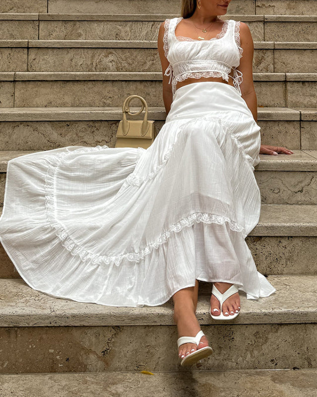 Women's solid color lace up top long skirt set