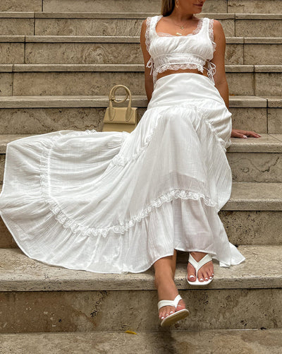 Women's solid color lace up top long skirt set