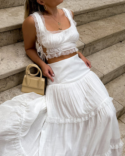 Women's solid color lace up top long skirt set