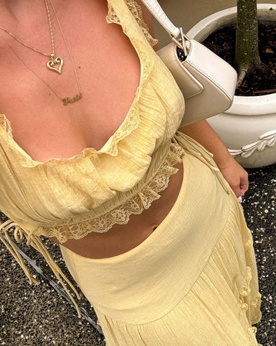 Women's solid color lace up top long skirt set