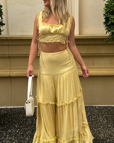 Women's solid color lace up top long skirt set