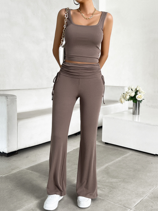Women's casual solid color slim Tank Top Set