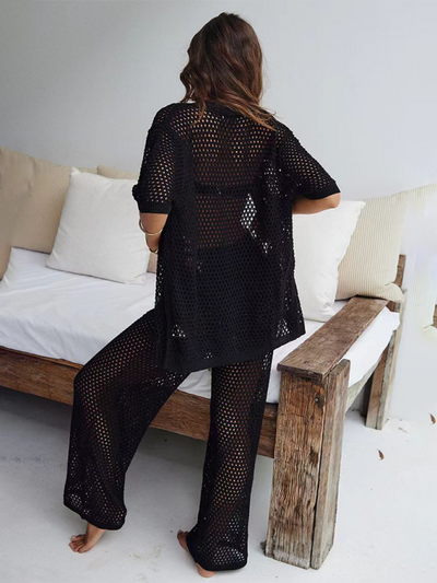 Women's mesh buttoned woolen trousers and short-sleeved shirt suit